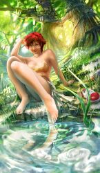  barefoot camisole crop_top epitaph_(ninja_talkshow) feet female forest hoon nature ninja_talkshow original panties pantyshot photoshop_(medium) realistic red_hair ripples short_hair sitting skirt smile solo treehouse underwear upskirt water 