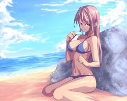  beach bikini commentary_request day female highres long_hair looking_at_viewer navel original purple_bikini red_eyes red_hair rock saiste shiny_skin sitting smile solo strap_pull swimsuit wariza 