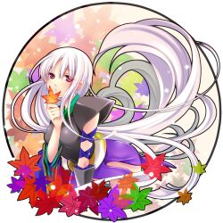  cocoa_(cafe-hotcocoa) commentary_request female japanese_clothes katanagatari leaf long_hair maple_leaf photoshop_(medium) purple_eyes solo togame very_long_hair white_hair 