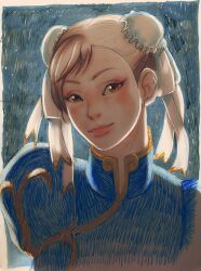  blush brown_eyes brown_hair bun_cover china_dress chinese_clothes chun-li closed_mouth commentary double_bun dress english_commentary faux_traditional_media female hair_bun head_tilt jaimito lips looking_at_viewer short_hair smile solo street_fighter upper_body 