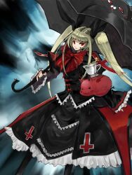  animal-themed_umbrella black_umbrella blazblue blonde_hair bow commentary_request cross dress female frills gii gond gothic_lolita hairbow inverted_cross lolita_fashion long_hair nago photoshop_(medium) rachel_alucard red_bow solo twintails umbrella 