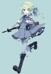  armband bad_id bad_pixiv_id blue_eyes boots bow cross-laced_footwear dress female green_hair gun hairbow knee_boots lace-up_boots long_hair original pantyhose ponytail rifle simple_background sks solo weapon yokoe_(mealtime) 