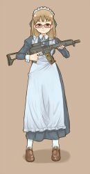  apron assault_rifle commentary_request female glasses gun h&amp;k_g36 highres holding holding_gun holding_weapon maid maid_headdress rifle smile solo soredemo_machi_wa_mawatteiru tatsuno_toshiko tomo_(f2000) trigger_discipline weapon 