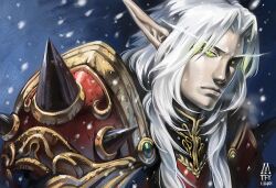  1boy armor blood_elf_(warcraft) commentary_request glowing glowing_eyes green_eyes long_hair male_focus mtfy paladin_(warcraft) pauldrons photoshop_(medium) player_character_(wow) pointy_ears shoulder_armor snowing solo warcraft white_hair world_of_warcraft 