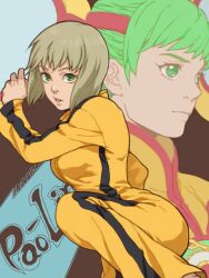  2girls bad_id bad_pixiv_id blonde_hair bodysuit bruce_lee&#039;s_jumpsuit chinese_clothes dragon_kid dual_persona fighting_stance green_eyes green_hair hat huang_baoling jumpsuit multiple_girls neopara orange_bodysuit orange_jumpsuit short_hair superhero_costume tegaki tiger_&amp;_bunny 