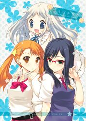  3girls adjusting_hair anjou_naruko ano_hi_mita_hana_no_namae_wo_bokutachi_wa_mada_shiranai. blue_eyes blue_hair blush bow commentary_request cover cover_page dress hair_ornament hairclip honma_meiko multiple_girls open_mouth orange_hair red_eyes ribbon school_uniform sleeveless sleeveless_dress sleeves_rolled_up smile tatami_to_hinoki tsurumi_chiriko twintails white_hair 