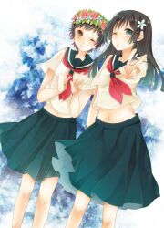  2girls bad_id bad_pixiv_id black_hair brown_eyes flower green_eyes hair_flower hair_ornament head_wreath ichinose_(sorario) long_hair multiple_girls one_eye_closed photoshop_(medium) sakugawa_school_uniform saten_ruiko school_uniform serafuku short_hair skirt summer_uniform toaru_kagaku_no_railgun toaru_majutsu_no_index uiharu_kazari v 