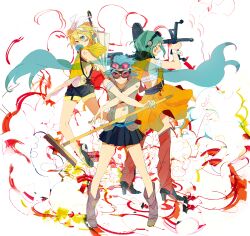  3girls aqua_hair bad_id bad_pixiv_id bandages bandaid blonde_hair blowing_bubbles boots chair chewing_gum goggles goggles_on_head green_hair gumi hair_ribbon hatsune_miku kagamine_rin long_hair multiple_girls navel ribbon ro53 short_hair shorts skirt twintails umbrella very_long_hair vocaloid 