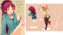  ... 2girls anger_vein animal_slippers apron bad_id bad_pixiv_id barefoot blonde_hair blush chasing denim denim_shorts drill_hair fangs hood hoodie italian_text jing_hu kyuubee long_hair mahou_shoujo_madoka_magica mahou_shoujo_madoka_magica_(anime) multiple_girls pantyhose photoshop_(medium) pointing ponytail red_hair sakura_kyoko school_uniform shorts slippers spatula tiro_finale tomoe_mami twin_drills twintails wide_ponytail 