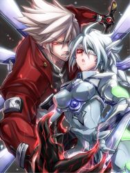  1boy :o angry blazblue bodysuit braid breasts clenched_teeth coat commentary_request female gloves green_eyes heterochromia kaneaki_mukku long_hair mecha_musume medium_breasts nu-13 open_mouth ragna_the_bloodedge red_eyes spiked_hair teeth white_hair 