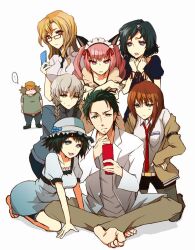  3boys 5girls akiha_rumiho amane_suzuha animal_ears black_hair braid brown_hair cat_ears cellphone commentary_request dress facial_hair glasses goatee_stubble hair_ornament hairclip hashida_itaru hat jacket kiryuu_moeka kneeling lab_coat maid_headdress makise_kurisu monakanoki multiple_boys multiple_girls okabe_rintarou otoko_no_ko pantyhose phone pink_hair shiina_mayuri sitting steins;gate stubble twin_braids urushibara_ruka 