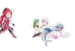  1boy 3girls :3 ^_^ blue_eyes blue_hair boots cape chibi closed_eyes commentary_request eating fangs green_hair kamijou_kyousuke kisaragi_ryou_(sougetsu-tei) kyuubee long_hair magical_girl mahou_shoujo_madoka_magica mahou_shoujo_madoka_magica_(anime) mermaid miki_sayaka miki_sayaka_(magical_girl) mitakihara_school_uniform monster_girl monsterification multiple_girls ponytail red_hair sakura_kyoko sakura_kyoko_(magical_girl) school_uniform shizuki_hitomi short_hair spoilers thighhighs white_cape 