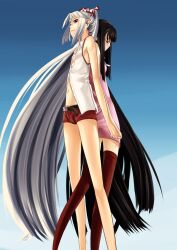  2girls adapted_costume back-to-back bad_id bad_pixiv_id bare_legs bare_shoulders belt black_hair blunt_bangs bow casual contemporary fujiwara_no_mokou grey_hair hairbow holding_hands houraisan_kaguya interlocked_fingers legs long_hair multiple_girls navel photoshop_(medium) ponytail short_shorts shorts sleeveless thighhighs touhou traghetto very_long_hair zettai_ryouiki 