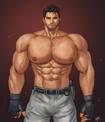  1boy 1male abs bara big_breasts big_nipples big_pecs brown_hair chris_redfield clothed clothing dark_hair facial_hair gloves huge_breasts huge_pecs human human_only k-sen male male_nipples male_only manboobs moobs muscle muscles muscular muscular_male nipples pecs resident_evil resident_evil_5 revealing_clothes shirtless six_pack skimpy skimpy_clothes thick_nipples vein veins veiny veiny_muscles white_male 