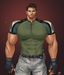  1male abs bara big_breasts big_chest big_nipples big_pecs brown_hair chris_redfield clothed clothing dark_hair facial_hair gloves huge_breasts huge_pecs human human_only k-sen male male_only manboobs moobs muscle muscles muscular muscular_male nipple_bulge nipples pecs resident_evil resident_evil_5 tight_clothing vein veins veiny veiny_muscles white_male 