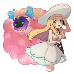  &gt;_&lt; ariesuzu_(ariessz) arm_behind_head bag blonde_hair blunt_bangs braid closed_eyes collared_dress commentary_request cosmog cowboy_shot dress duffel_bag female green_eyes hat lillie_(pokemon) long_hair looking_at_viewer open_mouth pokemon pokemon_(creature) pokemon_sm sleeveless sleeveless_dress sparkle sun_hat sundress twin_braids white_dress white_hat 