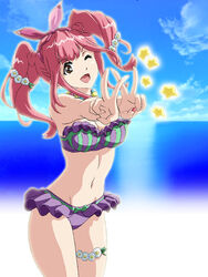  bikini bow breasts brown_eyes day female flower frilled_bikini frills hair_flower hair_ornament hairbow hal-py jewelry large_breasts macross macross_delta makina_nakajima necklace ocean one_eye_closed pink_hair sky solo star_(symbol) swimsuit walkure_(macross_delta) 