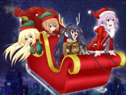  4girls absurdres animal_costume antlers blanc_(neptunia) blonde_hair braid breasts christmas commentary_request highres horns large_breasts long_hair multiple_girls neptune_(neptunia) neptune_(series) noire_(neptunia) not_a_hazard purple_hair reindeer_antlers reindeer_costume twin_braids vert_(neptunia) 