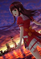  black_hair braid city cloud commentary_request female highres k-sha lake long_hair looking_back neptune_(series) oekakizuki shin_jigen_game_neptune_vii side_braid single_braid skirt sky solo standing sunset 