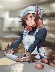  :3 animal_hands apron bird_tail blurry blurry_background brown_eyes brown_hair commentary commission english_commentary feather_hair_ornament feathers female flour hair_ornament hat highres juliet_sleeves kikimora_(monster_girl_encyclopedia) less long_hair long_sleeves maid manticore_(monster_girl_encyclopedia) mofucore monster_girl monster_girl_encyclopedia puffy_sleeves rolling_pin smile tail 