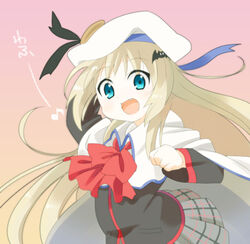  blonde_hair blue_eyes bow cape commentary_request female hat hayato_(meromoni) little_busters! little_busters!_school_uniform long_hair noumi_kudryavka oerba_yun_fang pink_bow plaid plaid_skirt school_uniform skirt solo 