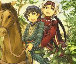  1boy age_difference amira animal black_hair braid commentary earrings female geetgeet hat head_scarf highres horse horseback_riding husband_and_wife jewelry karluk kazakh_clothes kazakhstan long_hair multiple_riders necklace onee-shota otoyomegatari plant riding single_braid uygur uygur_clothes 