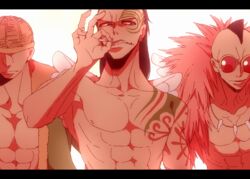  3boys abs akizuki_hakuto braham cigarette facial_mark facial_marking jewelry kamakiri_(one_piece) letterboxed male male_focus mohawk multiple_boys muscle necklace one_piece pixiv_manga_sample skypiea sunglasses tattoo topless trio wings wiper 