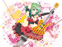  :d arishiki armpits arms_behind_head breasts cleavage commentary_request female fernandes_guitars green_eyes green_hair guitar gumi holding instrument looking_at_viewer medium_breasts midriff music open_mouth plaid plaid_skirt playing_instrument pleated_skirt short_hair skirt smile solo vocaloid 