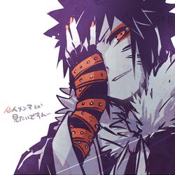  facial_mark fur_trim grin hand_on_own_face hand_to_own_face looking_at_viewer lowres menma_(naruto) monochrome nail_polish naruto naruto:_road_to_ninja naruto_shippuuden smile spot_color yosakuh 