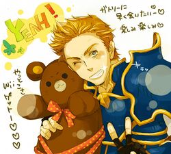  1boy armor blonde_hair blue_eyes bow commentary_request fingerless_gloves fire_emblem fire_emblem:_radiant_dawn gatrie_(fire_emblem) gloves heart kokosimon male_focus one_eye_closed simple_background solo sparkle stuffed_animal stuffed_toy teddy_bear v white_background 