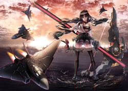  ace_combat ace_combat_5 aircraft airplane big.g black_hair bow bow_(weapon) breasts brown_eyes commentary_request crossover f-14_tomcat female fighter_jet hairbow japanese_clothes jet kantai_collection long_hair medium_breasts military military_vehicle razgriz reflection scythe shouhou_(kancolle) skirt solo thighhighs weapon 