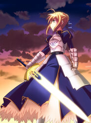  ahoge armor armored_dress artoria_pendragon_(fate) blonde_hair commentary_request dress excalibur_(fate/stay_night) fate/stay_night fate_(series) female gauntlets glowing glowing_sword glowing_weapon green_eyes hair_ribbon photoshop_(medium) ribbon rimibure saber_(fate) solo weapon 