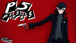  1boy amamiya_ren black_hair commentary_request grin gun highres male_focus mask not_a_hazard persona persona_5 smile solo weapon 