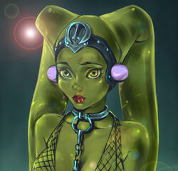  alien animification bad_id bad_pixiv_id bare_shoulders bondage bondage bound breasts chains cleavage collarbone colored_skin ear_protection female green_eyes green_skin lens_flare lipstick makeup medium_breasts oola solo star_wars star_wars:_return_of_the_jedi tatti_art twi&#039;lek upper_body 