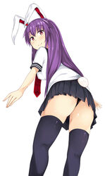  alternate_costume animal_ears ass bad_id bad_pixiv_id black_thighhighs blush breasts covered_nipples dress_shirt female from_behind highres hubrael lips lipstick long_hair looking_at_viewer looking_back makeup medium_breasts necktie outstretched_arms panties pantyshot photoshop_(medium) pleated_skirt purple_hair rabbit_ears rabbit_girl rabbit_tail red_eyes red_necktie reisen_udongein_inaba sailor_collar school_uniform serafuku shirt short_sleeves simple_background skirt skirt_set solo standing tail thighhighs touhou underwear white_background white_shirt 