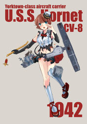  aircraft airplane black_gloves blue_eyes blush bow bowtie breasts character_name commentary_request elbow_gloves english_text female freckles gloves grey_background hat highres large_breasts looking_at_viewer machinery midriff open_mouth original panties personification pink_panties red_footwear red_hair shoes short_hair skirt sleeveless solo striped_clothes striped_thighhighs tears thighhighs torn_clothes underwear united_states_navy uss_hornet_(cv-8) vertical-striped_clothes vertical-striped_thighhighs vest wavy_hair yoshimizu_amine 