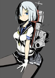  between_breasts blue_eyes breasts commentary_request female frown grey_hair hair_ornament hair_over_one_eye hairclip hamakaze_(kancolle) kantai_collection medium_breasts ofly_(ofly252) pantyhose pleated_skirt school_uniform serafuku short_hair short_sleeves skirt solo strap_between_breasts 