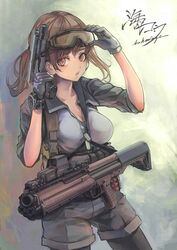  ammunition ammunition_pouch arm_up artist_name black_gloves black_thighhighs breasts brown_eyes brown_hair buckle bullpup chest_rig cleavage collared_shirt combat_shirt commentary_request dog_tags eotech female flashlight gloves goggles goggles_on_head grey_gloves grey_shirt gun gun_sling h&amp;k_p30 handgun hands_up highres holding holding_gun holding_weapon kel-tec_ksg koh_(minagi_kou) large_breasts laser_sight load_bearing_vest open_mouth optical_sight original pouch pump_action shirt shorts shotgun shotgun_shell snap-fit_buckle solo thighhighs trigger_discipline twintails two-tone_gloves two-tone_shirt watch weapon 