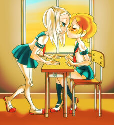  2girls alternate_costume alternate_universe bloody_marie_(skullgirls) blush classroom closed_eyes commentary_request desk flat_chest good_end imminent_kiss multiple_girls nappooz orange_hair parted_bangs peacock_(skullgirls) red_eyes school_desk school_uniform serafuku shoes short_hair sitting skullgirls twintails uwabaki white_hair yuri 