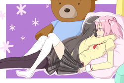  2girls akemi_homura black_hair black_pantyhose commentary_request hug kaname_madoka large_teddy_bear long_hair lying mahou_shoujo_madoka_magica mahou_shoujo_madoka_magica_(anime) michigan mitakihara_school_uniform multiple_girls pantyhose pillow pink_hair school_uniform short_hair stuffed_animal stuffed_toy teddy_bear thighhighs white_thighhighs yuri 