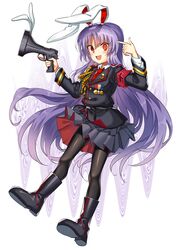  :d alternate_costume animal_ears armband bad_id bad_twitter_id belt black_pantyhose blouse boots crescent crescent_pin female finger_gun glowing glowing_eye highres light_purple_hair long_hair long_sleeves looking_at_viewer lunatic_gun manarou medal military military_uniform necktie open_mouth pantyhose pleated_skirt purple_hair rabbit_ears red_eyes red_necktie reisen_udongein_inaba shirt simple_background skirt smile solo touhou trigger_discipline tunic uniform very_long_hair wavy_background white_shirt 