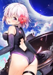  :d ahoge armor ass back back_cutout bare_shoulders black_gloves black_leotard blue_sky blush breasts clothing_cutout cloud cowboy_shot day dutch_angle elbow_gloves fallstreak_hole fate/grand_order fate_(series) female flower from_side gloves gorget hair_between_eyes hair_flower hair_ornament halterneck happy head_tilt hibiscus highres holding holding_shield leaning_forward leotard looking_at_viewer looking_back looking_to_the_side lord_camelot_(fate) mash_kyrielight medium_breasts ocean open_mouth outdoors parted_bangs petals purple_eyes red_flower revision shield short_hair sideboob sky smile solo splashing standing tareme thigh_strap thighs umakuchi_shouyu water water_drop wet white_hair 