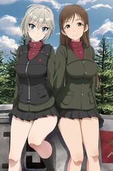  2girls anastasia_(idolmaster) black_skirt blue_eyes breasts brown_eyes brown_hair commentary_request cosplay girls_und_panzer grey_hair idolmaster idolmaster_cinderella_girls inoshira katyusha_(girls_und_panzer) katyusha_(girls_und_panzer)_(cosplay) legs long_hair looking_at_viewer love_laika_(idolmaster) medium_breasts military military_uniform miniskirt multiple_girls nitta_minami nonna_(girls_und_panzer) nonna_(girls_und_panzer)_(cosplay) outdoors pleated_skirt pravda_military_uniform pravda_school_uniform school_uniform short_hair skirt smile thighs uesaka_sumire uniform voice_actor_connection 