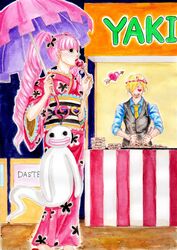  1boy alternate_costume chef female festival food ghost heart japanese_clothes kimono one_piece perona pink_hair sanji stall umbrella walking 