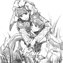  1boy age_difference amira blush colmack commentary_request couple female grass greyscale head_scarf hug hug_from_behind husband_and_wife jewelry karluk kazakh_clothes kazakhstan long_sleeves lowres monochrome necklace onee-shota otoyomegatari straight uygur uygur_clothes 