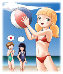  3girls atsuko_(inspector_gadget) ball beach beachball bikini black_hair blonde_hair blue_swimsuit casual_one-piece_swimsuit character_request closed_eyes cloud dic_entertainment friends green_eyes green_swimsuit inspector_gadget lolicon long_hair looking_at_viewer multiple_girls ocean one-piece_swimsuit open_mouth outdoors penny_(inspector_gadget) red_bikini red_swimsuit school_swimsuit short_hair sky speech_bubble spoken_ellipsis spoken_heart strapless_one-piece_swimsuit swimsuit volleyball zackmolis 