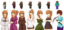  6+girls at2. brown_hair glasses green_eyes herobrine knife minecraft multiple_girls personification villager_(minecraft) 