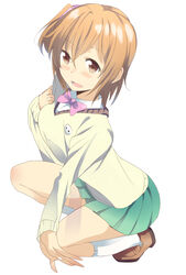  blush bow bowtie brown_eyes brown_hair commentary_request female from_side full_body hair_between_eyes hair_ribbon highres kneehighs long_sleeves open_mouth outstretched_arm ribbon school_uniform shoes short_hair side_ponytail simple_background skirt skull sleeves_past_wrists smile socks solo soul_eater_not! squatting sweater tareme tatane_meme thu white_background white_legwear 