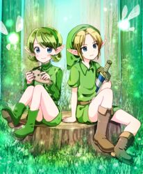  1boy belt blonde_hair blue_eyes brown_footwear commentary_request fairy female forest grass green_footwear green_hair green_hairband green_hat hairband hat highres instrument link moromoimaru nature navi ocarina outdoors pointy_ears ribbed_sweater saria_(zelda) short_hair sitting sitting_on_tree_stump smile sweater sword the_legend_of_zelda the_legend_of_zelda:_ocarina_of_time tree_stump tunic weapon wooden_sword 