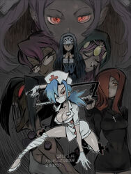  6+girls aeon_(skullgirls) arm_support bandages black_hair blue_hair breasts character_request cleavage commentary_request cross dark dated double_(skullgirls) dress expressionless eyepatch folded_ponytail glasses gun habit hacksaw hair_over_one_eye handgun hat kusada large_breasts mask mouth_mask multiple_girls nun nurse nurse_cap on_one_knee own_hands_clasped own_hands_together painwheel_(skullgirls) parasoul_(skullgirls) ponytail purple_hair red_eyes red_hair saw screaming short_dress skullgirls standing surgical_mask twintails valentine_(skullgirls) venus_(skullgirls) weapon 